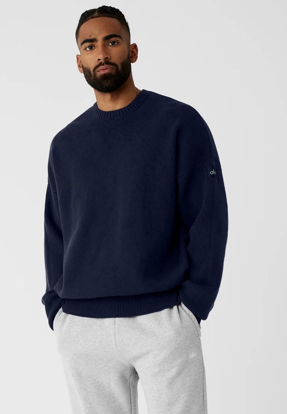 Alo Mens Sweater Large Navy Domain Rib Knit Crewneck Oversized Heavy